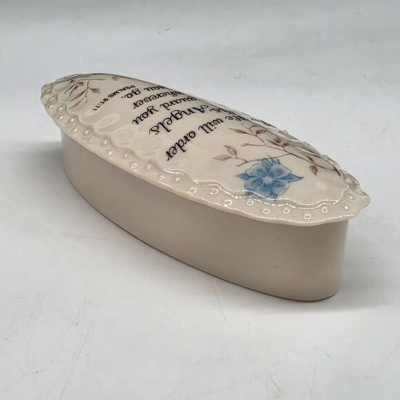 Ceramic Trinket Box With Religious Quote Blue Floral Design Oval Shape 5.5" - Picture 5 of 7